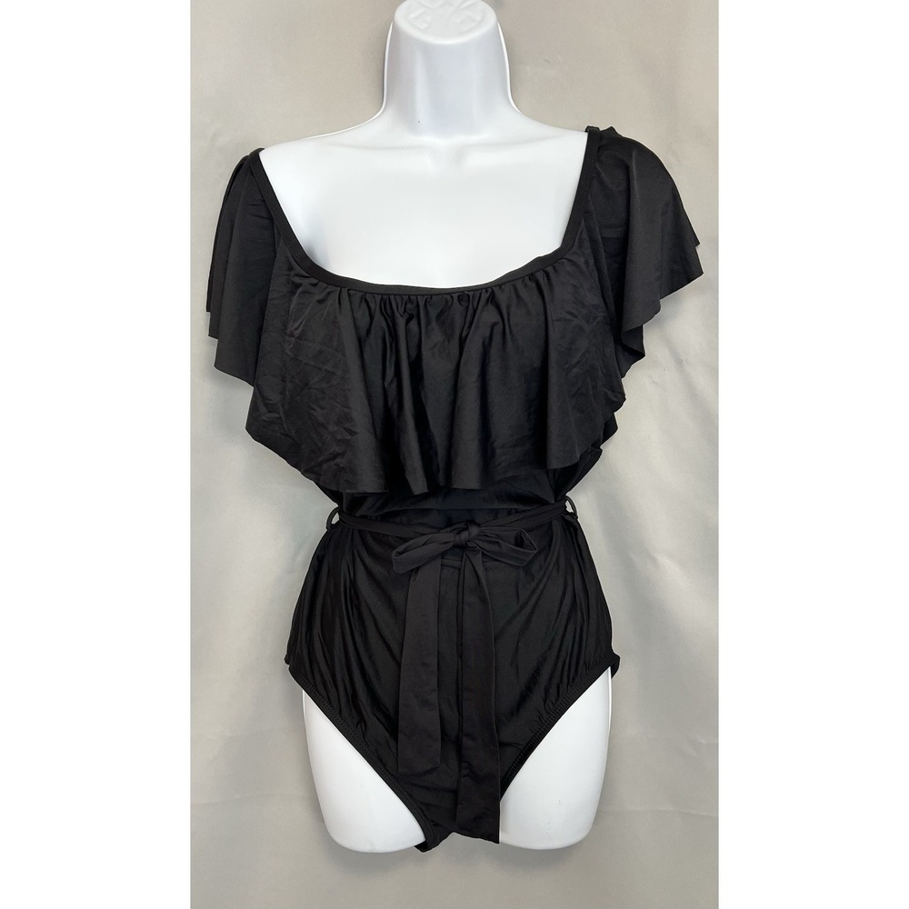 Athena Swimsuit Black Belted Ruffle Sz 14 Women's Beach Swim Vacation